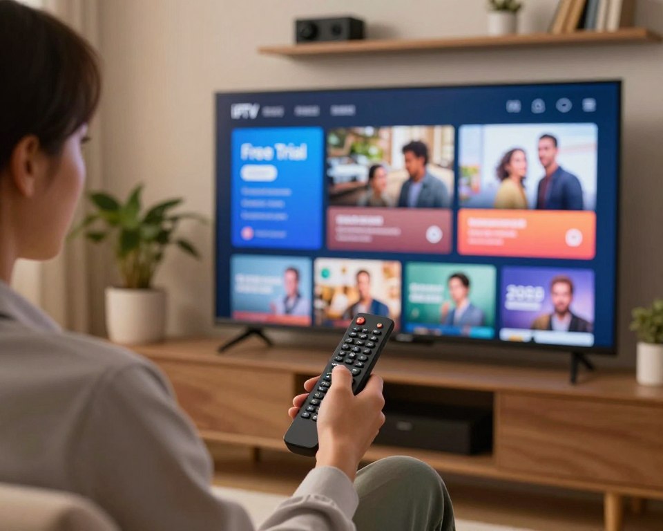 A close-up view of a modern smart television displaying an IPTV interface, showcasing various channels and a highlighted 'Free Trial' section in an appealing way. The foreground features a professional-looking user interacting with a remote, wearing casual business attire, exhibiting interest in the available content. In the middle, a cozy living room environment with comfortable seating, soft lighting, and decorative plants creates an inviting atmosphere. The background includes a shelf with tech gadgets and books, subtly implying the world of IPTV. The image is warmly lit, suggesting a relaxed evening vibe, with a shallow depth of field to emphasize the TV screen and the engaging user experience. A close-up view of a modern smart television displaying an IPTV interface, showcasing various channels and a highlighted 'Free Trial' section in an appealing way. The foreground features a professional-looking user interacting with a remote, wearing casual business attire, exhibiting interest in the available content. In the middle, a cozy living room environment with comfortable seating, soft lighting, and decorative plants creates an inviting atmosphere. The background includes a shelf with tech gadgets and books, subtly implying the world of IPTV. The image is warmly lit, suggesting a relaxed evening vibe, with a shallow depth of field to emphasize the TV screen and the engaging user experience.