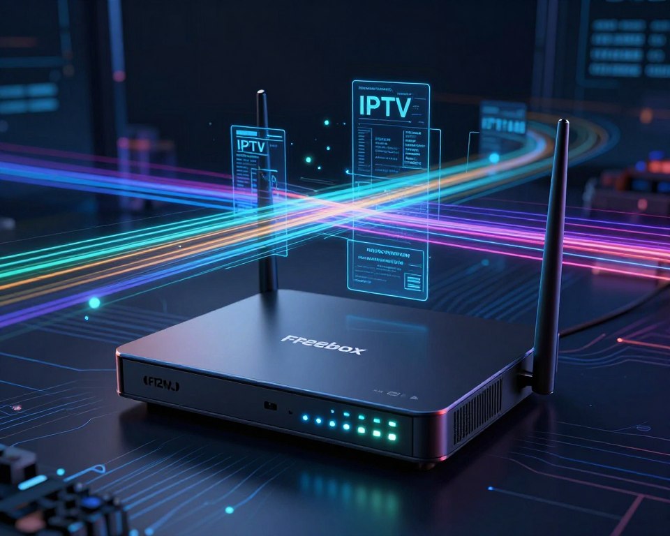 A conceptual illustration of network filtering techniques implemented by Freebox. In the foreground, depict a sleek, modern router with glowing LED indicators showcasing its filtering capabilities. In the middle ground, visualize digital data streams represented as colorful, abstract lines being blocked or redirected, symbolizing IPTV traffic and network protocols. The background should feature a dark, high-tech digital landscape with circuit patterns and light trails, enhancing the atmosphere of technology and security. Use soft, diffused lighting to give a futuristic feel. The angle should be slightly elevated, giving depth and perspective to the router and data flows. The overall mood is tense yet optimistic, representing the complexities of digital media accessibility in the modern age. A conceptual illustration of network filtering techniques implemented by Freebox. In the foreground, depict a sleek, modern router with glowing LED indicators showcasing its filtering capabilities. In the middle ground, visualize digital data streams represented as colorful, abstract lines being blocked or redirected, symbolizing IPTV traffic and network protocols. The background should feature a dark, high-tech digital landscape with circuit patterns and light trails, enhancing the atmosphere of technology and security. Use soft, diffused lighting to give a futuristic feel. The angle should be slightly elevated, giving depth and perspective to the router and data flows. The overall mood is tense yet optimistic, representing the complexities of digital media accessibility in the modern age.