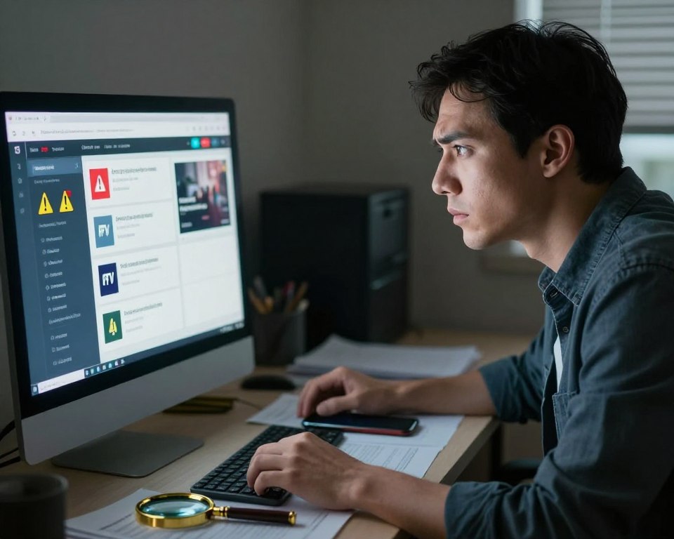 A concerned individual, dressed in smart casual attire, examines a computer screen displaying various IPTV provider options, with a focused expression of skepticism. In the foreground, there are visible icons symbolizing warning signs, like exclamation marks and red flags, subtly integrated into the interface of the screen. The middle ground features a desk cluttered with documents, a magnifying glass, and a smartphone, suggesting research and investigation into IPTV providers. In the background, a dimly lit room conveys a sense of secrecy and vigilance, illuminated by the soft glow of the computer screen. The overall mood is one of caution and awareness, emphasizing the need to avoid scams and unreliable suppliers in the IPTV field. The image should be realistic, with natural lighting and a slightly blurred depth of field to draw attention to the foreground elements. A concerned individual, dressed in smart casual attire, examines a computer screen displaying various IPTV provider options, with a focused expression of skepticism. In the foreground, there are visible icons symbolizing warning signs, like exclamation marks and red flags, subtly integrated into the interface of the screen. The middle ground features a desk cluttered with documents, a magnifying glass, and a smartphone, suggesting research and investigation into IPTV providers. In the background, a dimly lit room conveys a sense of secrecy and vigilance, illuminated by the soft glow of the computer screen. The overall mood is one of caution and awareness, emphasizing the need to avoid scams and unreliable suppliers in the IPTV field. The image should be realistic, with natural lighting and a slightly blurred depth of field to draw attention to the foreground elements.