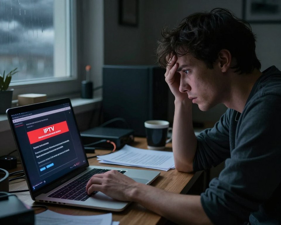 A concerned individual sitting at a cluttered desk filled with electronics, looking distressed while examining a laptop screen displaying warning signs of illegal IPTV usage. In the foreground, a close-up of the laptop screen features a bright red alert against a dark background, emphasizing the seriousness of the issue. In the middle ground, scattered papers and a coffee mug add to the chaotic atmosphere, signifying the stress caused by illegal streaming services. The background is a dimly lit room, with a window showing a stormy sky, enhancing the mood of unease and repercussions. Soft, overcast lighting casts shadows across the scene, creating an urgent yet somber atmosphere.