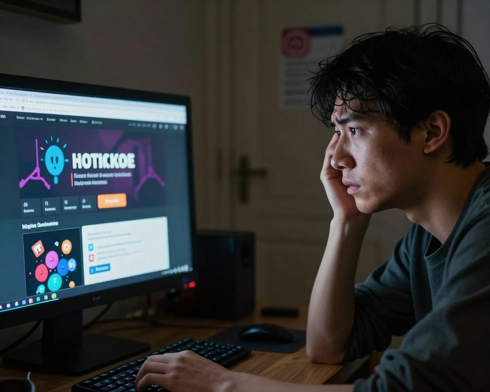 A concerned user sitting in front of a computer, looking alarmed while viewing a streaming service. The foreground features a close-up of the user's face, showing stress and anxiety, with reflections of warning signs about cyber risks on the computer screen. In the middle ground, the computer displays various illegal streaming icons and security alerts. The background includes dimly lit room décor suggesting a casual home environment, with a locked door and a blurred social media notification indicating a sense of privacy invasion. The lighting is moody, casting shadows to enhance the feeling of tension. The overall atmosphere conveys the seriousness of the risks associated with illegal streaming, urging caution and awareness.