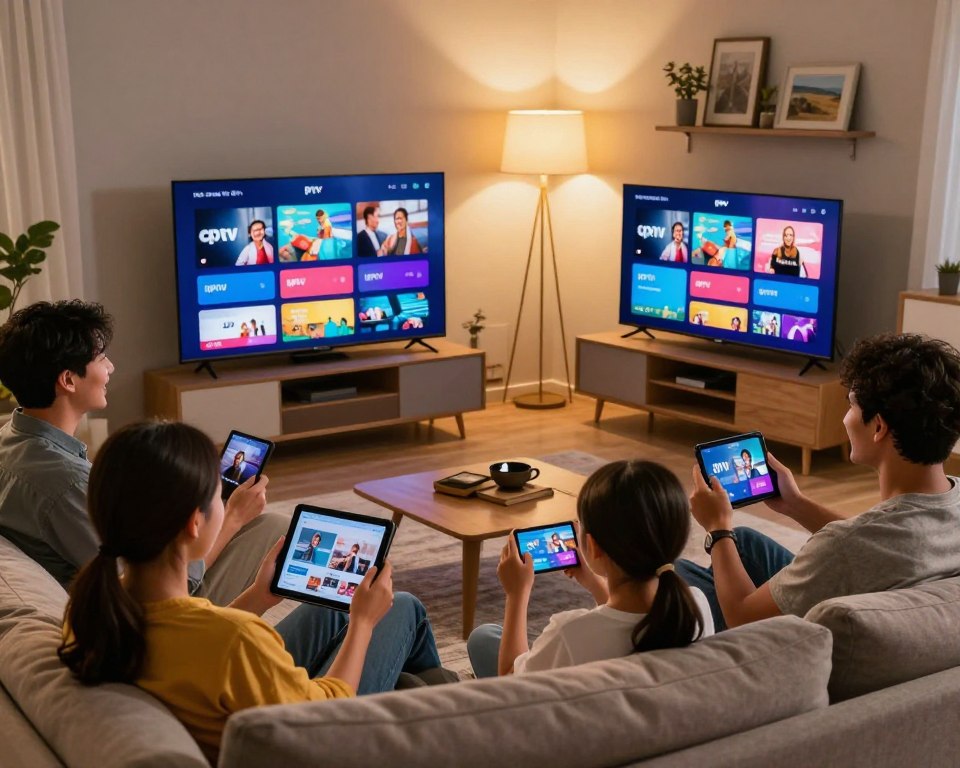 A cozy living room scene showcasing a diverse group of people happily engaging with various devices displaying IPTV content. In the foreground, a family of four sits on a comfortable sofa, one adult using a tablet, another watching a smart TV, while a child plays on a smartphone. In the middle ground, a sleek television and vibrant tablet display colorful IPTV channels. The background features a modern decor with warm lighting from an overhead lamp, creating an inviting atmosphere. Use a wide-angle lens to capture the entire room, emphasizing the interconnectedness of technology in the space. The mood is joyful and relaxed, highlighting the compatibility of IPTV across all devices for enjoyable family entertainment.
