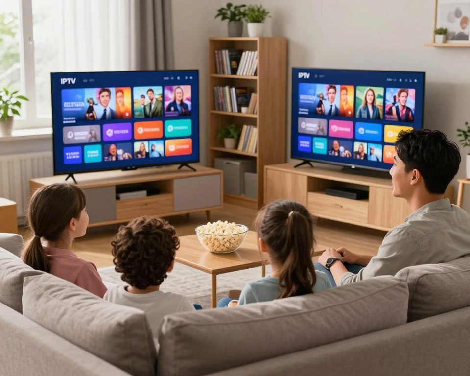 A cozy living room scene showcasing a family enjoying IPTV services on a large flat-screen TV. In the foreground, a diverse group of three family members, dressed in casual but neat clothing, are seated comfortably on a plush sofa, smiling and watching a popular show. The TV displays a vibrant, colorful interface of IPTV channels, hinting at various genres. In the middle ground, shelves with DVDs and books create a warm ambiance, while a bowl of popcorn rests on a coffee table. The background features soft, natural light streaming in through a window with light curtains, highlighting a few potted plants. The overall mood is inviting and relaxed, emphasizing the advantages of IPTV subscriptions in France for family entertainment. A cozy living room scene showcasing a family enjoying IPTV services on a large flat-screen TV. In the foreground, a diverse group of three family members, dressed in casual but neat clothing, are seated comfortably on a plush sofa, smiling and watching a popular show. The TV displays a vibrant, colorful interface of IPTV channels, hinting at various genres. In the middle ground, shelves with DVDs and books create a warm ambiance, while a bowl of popcorn rests on a coffee table. The background features soft, natural light streaming in through a window with light curtains, highlighting a few potted plants. The overall mood is inviting and relaxed, emphasizing the advantages of IPTV subscriptions in France for family entertainment.
