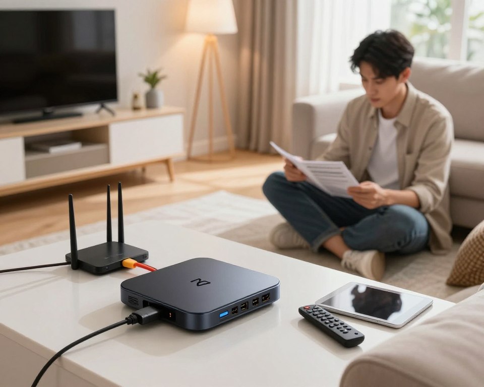 A cozy living room scene showcasing an IPTV streaming device installation. In the foreground, a sleek, modern IPTV box with prominent ports is connected to a TV and router via colorful cables. A user, dressed in casual but professional attire, sits cross-legged on a plush sofa, intently examining the device’s manual, surrounded by a few tech gadgets like a remote control and a tablet. The middle ground features a stylish console with a few decorative items, while the background shows a warm, inviting atmosphere with soft lighting emanating from a floor lamp. Bright natural light filters through a nearby window, enhancing the mood of comfort and technology integration. The angle is slightly from above, offering a bird’s-eye view of the installation process, creating an engaging and informative visual experience.