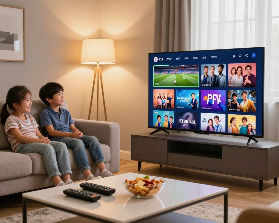 A cozy living room setting featuring a modern flat-screen television displaying various genres of IPTV content, such as sports, movies, and family shows. In the foreground, a stylish coffee table adorned with a selection of remote controls and snacks. The middle layer includes a comfortable couch with a family enjoying their viewing experience, dressed in casual yet tidy clothing, smiling and engaged. The background shows a warm, welcoming ambiance with soft lighting from floor lamps and natural light filtering through curtains. The overall mood is inviting and energetic, highlighting the appeal of legal IPTV options in France, without any text or human expressions that could distract from the scene.