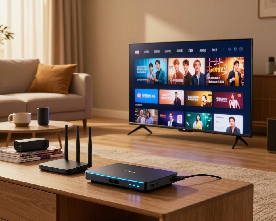 A cozy living room setting showcasing IPTV equipment. In the foreground, a sleek modern smart TV displaying vibrant streaming content on the screen. Beside it, a stylish IPTV set-top box with glowing LED indicators, connected to a Wi-Fi router that has an elegant design. In the middle ground, an inviting couch with plush cushions and a small coffee table stacked with tech gadgets and magazines about home entertainment. The background features a softly lit room with warm ambient lighting, framed by curtains that filter sunlight. The atmosphere feels relaxed and tech-savvy, ideal for enjoying entertainment at home. The image captures the essence of modern streaming technology in a comfortable household environment.