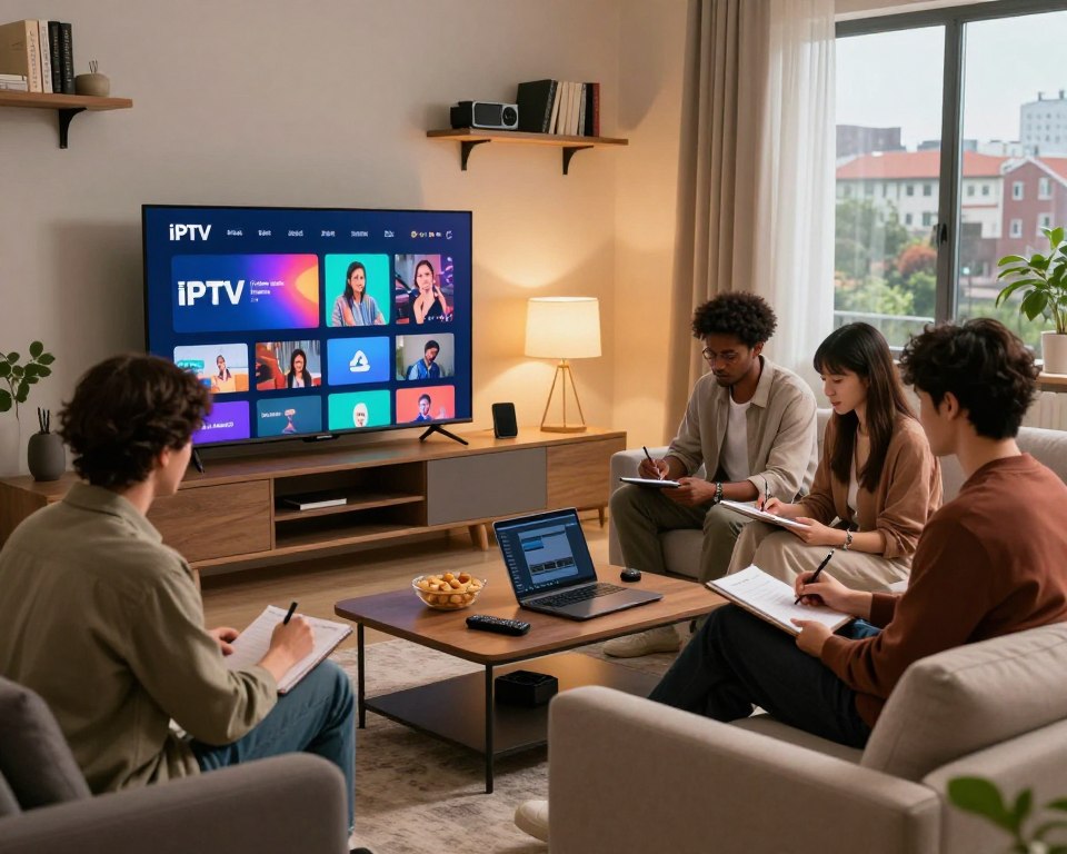 A cozy living room setting with a modern design, featuring a large flat-screen television displaying an IPTV interface with vibrant streaming options. In the foreground, a diverse group of three individuals, dressed in smart casual attire, are focused on the TV, taking notes on their devices, suggesting a collaborative atmosphere. The middle ground includes a stylish coffee table with a laptop, snacks, and a remote control. Soft lighting from a nearby lamp casts a warm glow, creating an inviting mood. In the background, shelves filled with books and tech gadgets enhance the theme of optimizing the IPTV experience, while a window reveals a peaceful urban landscape outside, blending technology and comfort. A cozy living room setting with a modern design, featuring a large flat-screen television displaying an IPTV interface with vibrant streaming options. In the foreground, a diverse group of three individuals, dressed in smart casual attire, are focused on the TV, taking notes on their devices, suggesting a collaborative atmosphere. The middle ground includes a stylish coffee table with a laptop, snacks, and a remote control. Soft lighting from a nearby lamp casts a warm glow, creating an inviting mood. In the background, shelves filled with books and tech gadgets enhance the theme of optimizing the IPTV experience, while a window reveals a peaceful urban landscape outside, blending technology and comfort.