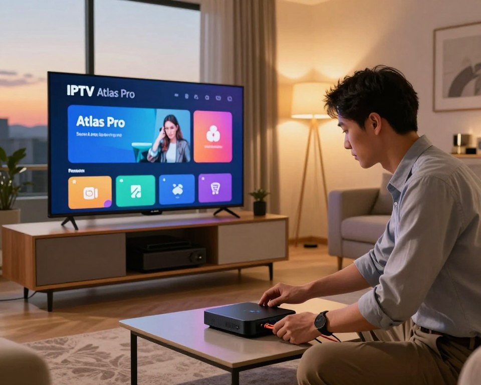 A cozy living room showcasing a modern IPTV setup, featuring a sleek TV displaying the IPTV Atlas Pro interface. In the foreground, a professional-looking technician in business casual attire is connecting cables and adjusting settings on a compact media device. The middle ground includes a stylish entertainment center with various electronic devices. The background reveals a warm, inviting space with soft, ambient lighting emanating from lamps. A large window shows a sunset horizon, enhancing the relaxed atmosphere. The scene captures a sense of efficiency and simplicity, embodying the ease of installation and activation. The perspective is slightly angled to focus on both the technician’s actions and the vibrant TV screen, creating a dynamic yet informative visual narrative.