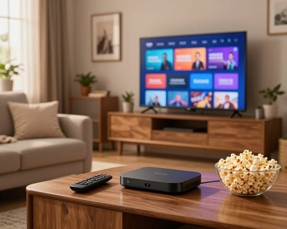 A cozy modern living room setting, featuring a sleek Smart TV mounted on the wall displaying a vibrant streaming interface. In the foreground, a stylish Android TV box is placed on a contemporary wooden coffee table alongside a remote control and a bowl of popcorn. The middle ground showcases a comfortable sofa with plush cushions, inviting viewers to sink in for a movie night. Soft, warm lighting spills in from a nearby window, creating a relaxed and inviting atmosphere. The background includes tasteful decor such as framed pictures and houseplants, enhancing the sense of home. The scene should evoke a feeling of excitement and comfort associated with streaming TV content, reflecting a perfect space for entertainment. A cozy modern living room setting, featuring a sleek Smart TV mounted on the wall displaying a vibrant streaming interface. In the foreground, a stylish Android TV box is placed on a contemporary wooden coffee table alongside a remote control and a bowl of popcorn. The middle ground showcases a comfortable sofa with plush cushions, inviting viewers to sink in for a movie night. Soft, warm lighting spills in from a nearby window, creating a relaxed and inviting atmosphere. The background includes tasteful decor such as framed pictures and houseplants, enhancing the sense of home. The scene should evoke a feeling of excitement and comfort associated with streaming TV content, reflecting a perfect space for entertainment.