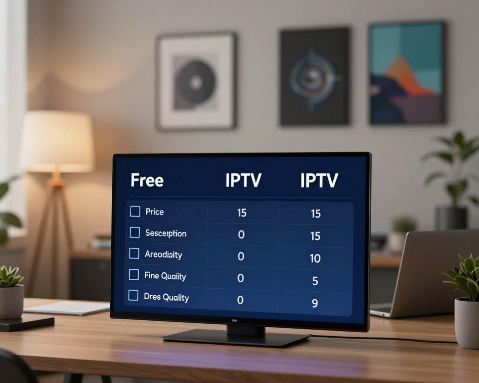 A detailed and colorful image depicting a comparative table on IPTV subscriptions. In the foreground, a sleek digital display showcasing side-by-side comparisons of free vs. paid IPTV services, with clear labels and checkboxes for features like price, channels available, and streaming quality. The middle layer features a modern office environment, with a stylish desk and a laptop, hinting at a tech-savvy professional reviewing IPTV options. The background consists of a minimalistic office wall with inspirational tech-related artwork. Soft, ambient lighting creates a warm and inviting atmosphere, and the overall mood is focused and productive. The image should have a clear depth of field, emphasizing the table in the foreground while gently blurring the background elements.