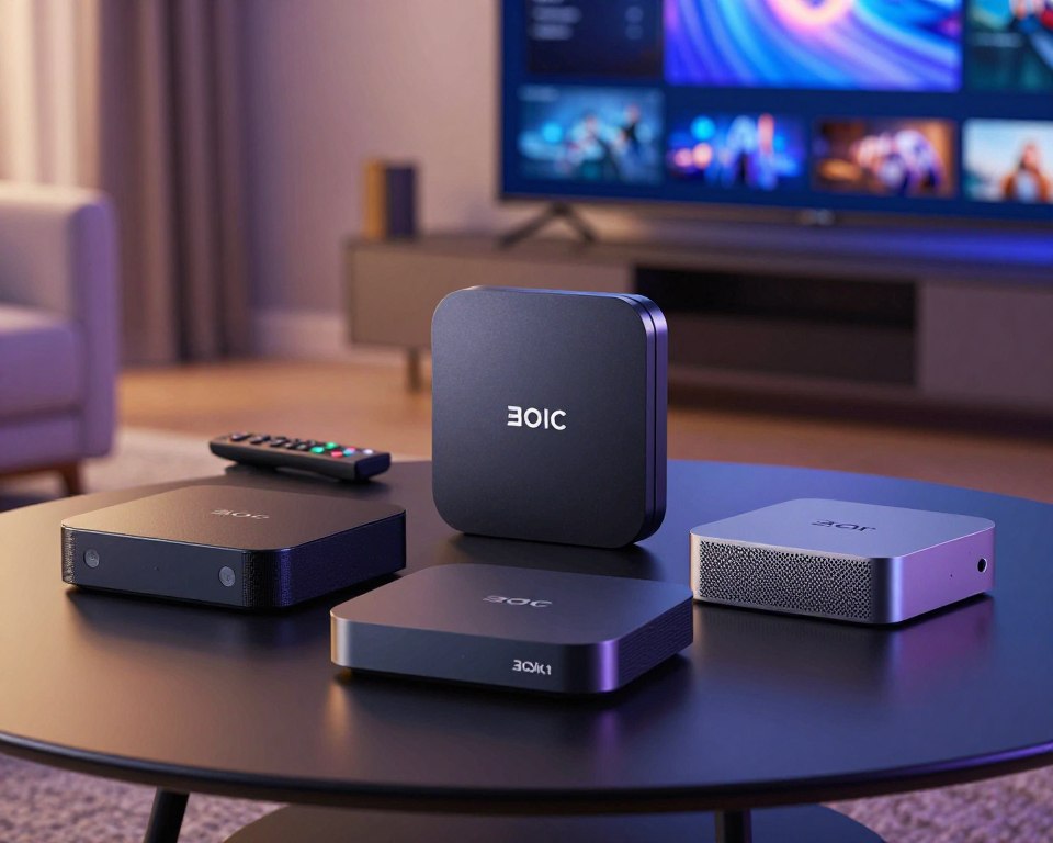 A detailed comparison of several popular streaming devices displayed prominently on a sleek, modern table. In the foreground, three distinct models of sleek, rectangular streaming boxes are arranged in a triangle, showcasing their unique designs and features. Each device is illuminated with soft, focused lighting to highlight its texture and color. In the middle ground, a stylish remote control lies on the table, partially turned towards the viewer. The background features a blurry, contemporary living room with a large TV on the wall, evoking a sense of comfort and modernity. The overall atmosphere is vibrant and informative, creating an engaging visual representation of the streaming devices' competition. The angle is a low shot focusing on the devices, drawing the viewer's attention directly to them.