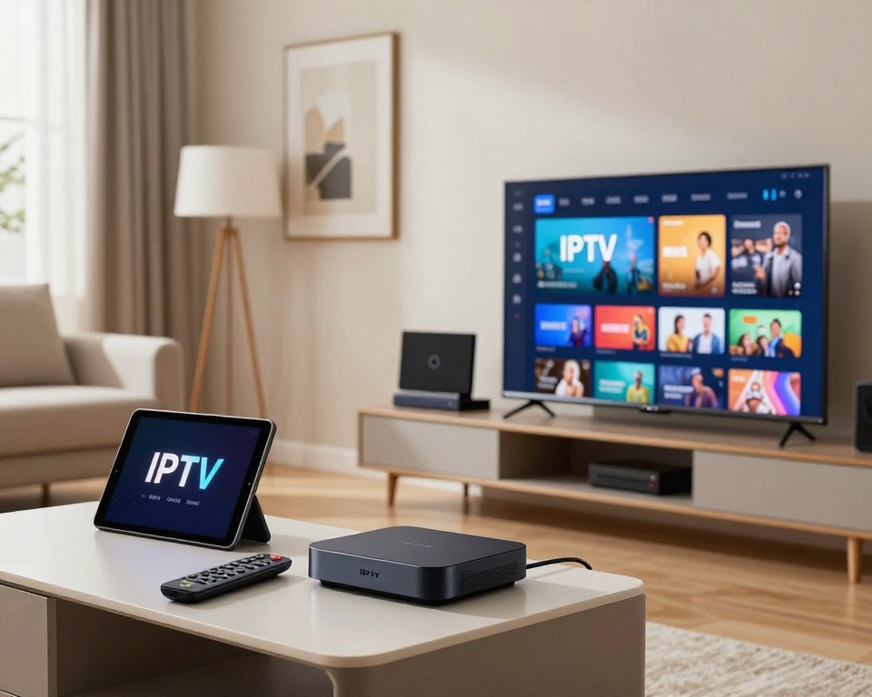 A detailed, informative scene depicting the installation guide for IPTV devices in a well-lit modern living room. In the foreground, a sleek television screen displays an IPTV interface, with a remote control beside it. Mid-ground elements include various IPTV devices like a streaming box, smart TV, and tablet, all neatly arranged on a stylish media console. The background features a cozy couch and decorative wall art, creating a welcoming atmosphere. Soft, natural lighting filters through a window, highlighting the technology. The mood is friendly and educational, inviting viewers to engage with the concept of IPTV installation across multiple devices.
