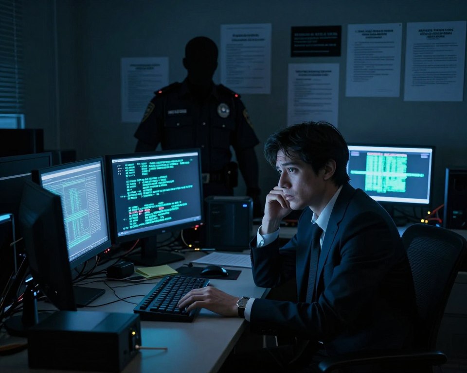 A dimly lit room filled with electronic devices and screens displaying static and error messages, representing illegal IPTV. In the foreground, a concerned individual in professional attire sits at a cluttered desk, their face lit by the glow of the screens, embodying anxiety about the legal risks. In the middle ground, a shadowy figure looms over the desk, symbolizing the threat of law enforcement. The background features a wall cluttered with documents and notices about copyright violations and legal warnings. The lighting is low with a blue tint, creating a tense and foreboding atmosphere, while shallow depth of field emphasizes the foreground figure's expression of worry. The composition should be cinematic, using a slightly tilted angle to enhance the sense of unease.