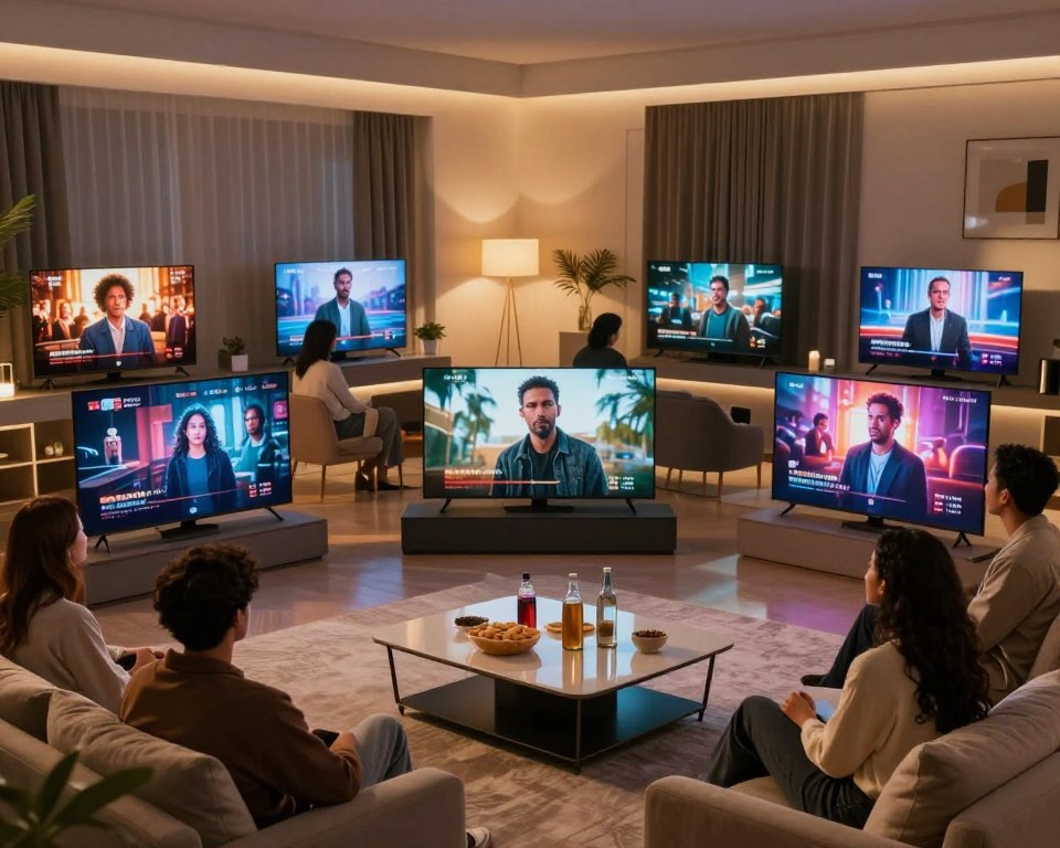 A diverse group of people, including men and women of various ethnicities, is gathered around multiple screens in a modern, stylish living room. Each person is intently watching different shows on the screens, showcasing the freedom to choose content. The foreground features a sleek, contemporary coffee table with snacks and drinks. In the middle, the glowing screens display vibrant scenes from various genres, illuminating the room with a warm, inviting glow. In the background, elegant decor and cozy furnishings create an atmosphere of relaxation and modernity. Soft, ambient lighting casts gentle shadows, enhancing the inviting mood of togetherness and enjoyment. The scene captures the essence of accessibility and choice in media consumption.