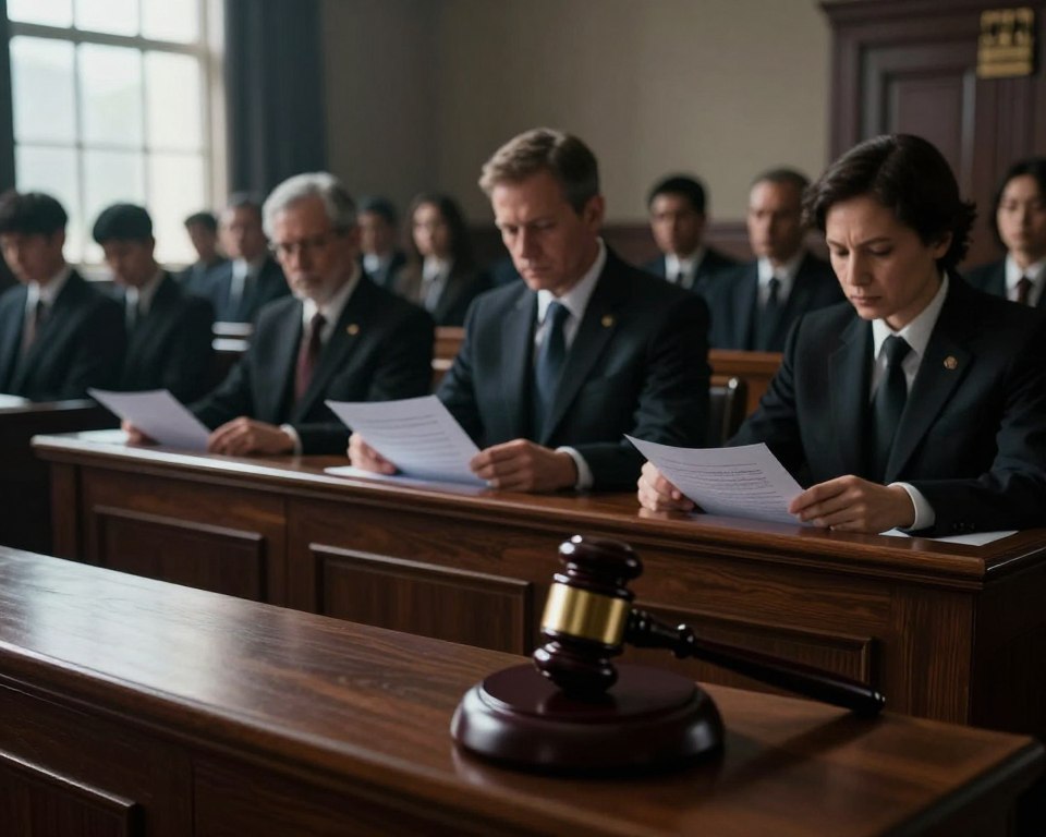 A dramatic courtroom scene illustrating the concept of punitive measures against copyright infringement, with a focus on streaming violations. In the foreground, a gavel rests on a wooden bench, symbolizing justice. The middle ground features stern-looking lawyers in professional attire, analyzing legal documents, emphasizing the gravity of the situation. In the background, blurred silhouettes of a large audience are present, indicating the seriousness and public interest in intellectual property rights. The lighting is dim, casting shadows that enhance the tension in the room, while a large window admits soft, natural light. The atmosphere is tense and somber, reflecting the consequences of legal action against streaming piracy, encapsulating the essence of heavy fines and potential imprisonment.