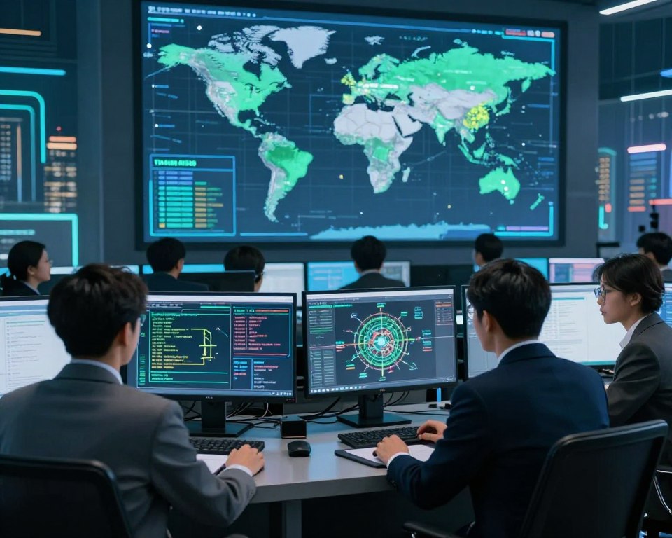 A dynamic and engaging scene depicting a high-tech control room, where cybersecurity experts monitor a digital map showcasing various geographical locations targeted by pirate IPTV streams. In the foreground, a diverse group of professionals in business attire intensely studies the data displayed on large screens. The middle layer features various high-tech devices and monitors showing network activity, alerts, and geographical hotspots. The background displays a futuristic cityscape illuminated by neon lights, symbolizing the digital realm. Soft blue and green lighting enhances the technological atmosphere, while a slight lens blur adds depth, focusing on the experts' expressions of determination and focus. The overall mood conveys urgency and alertness, emphasizing the importance of tackling digital piracy swiftly and effectively.