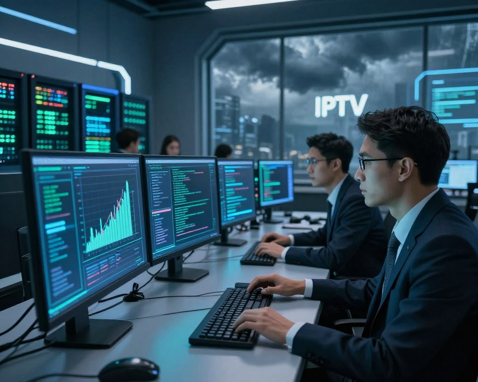 A dynamic and futuristic cybersecurity scene showcasing an "accelerated blocking mechanism against hacking." In the foreground, display a sleek digital interface with animated graphs illustrating real-time security measures. In the middle ground, depict a modern control room with professionals in business attire actively monitoring multiple screens filled with code and alerts, creating a sense of urgency and focus. The background features a high-tech facility with glowing data servers and a large window showing a stormy sky, symbolizing the turbulent battle against illegal IPTV. Soft blue and green lighting cast an analytical atmosphere, while lens flares create a sense of advanced technology. The overall mood is intense and proactive, emphasizing the rapid response to cyber threats.