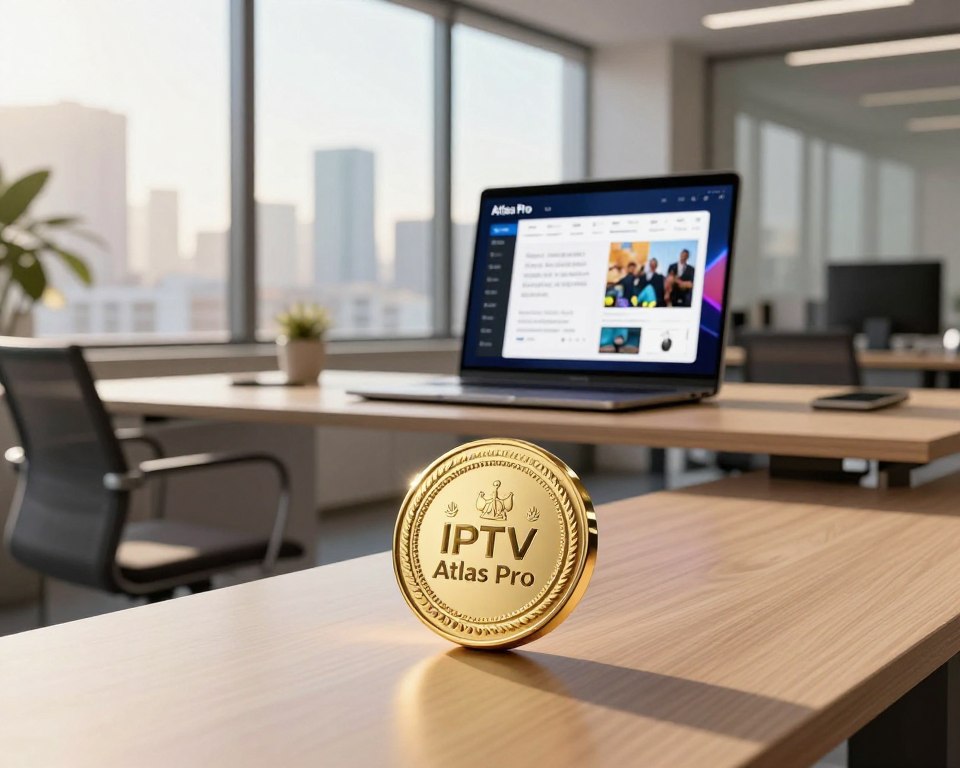 A dynamic and professional scene illustrating a symbolic "official certification" for the IPTV Atlas Pro. In the foreground, a shiny gold certification badge featuring an emblem of trust sits prominently, with a sleek, modern design. The middle layer showcases a contemporary office environment with a stylish desk and a laptop displaying the Atlas Pro interface, radiating a sense of cutting-edge technology. In the background, soft-focus elements of city skyline windows reflect a bright, optimistic day, casting natural sunlight that creates a warm, inviting atmosphere. Utilize a wide-angle lens to capture the depth of the scene, emphasizing professionalism and trustworthiness. The mood should be confident and reassuring, encouraging a sense of reliability in online TV solutions.