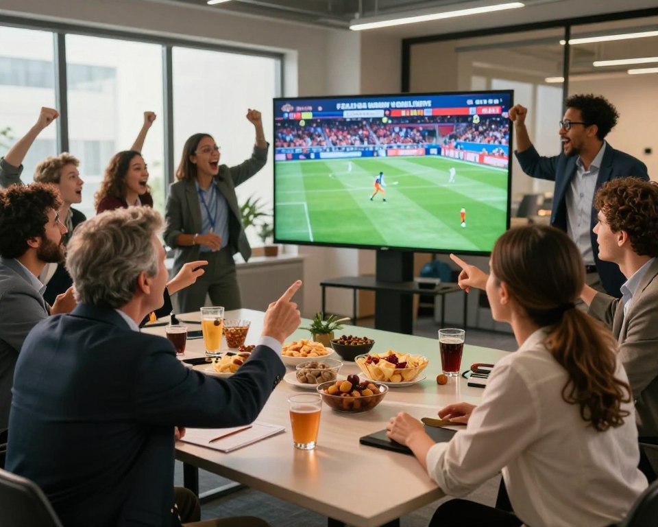 A dynamic, engaging scene depicting a diverse group of professionals gathered around a large screen showcasing a major sporting event, such as the World Cup or Olympics. In the foreground, a middle-aged man and a young woman, both in professional business attire, are pointing at the screen while discussing strategies for optimal viewing experiences. In the middle, various snacks and drinks are spread across a table, enhancing the festive atmosphere. The background features a modern office setup with large windows letting in warm, natural light, and enthusiastic colleagues watching the event, reacting with excitement. The mood is lively, with an emphasis on community and collaboration. Capture this scene with a wide-angle lens to encompass the energy and camaraderie of the moment. A dynamic, engaging scene depicting a diverse group of professionals gathered around a large screen showcasing a major sporting event, such as the World Cup or Olympics. In the foreground, a middle-aged man and a young woman, both in professional business attire, are pointing at the screen while discussing strategies for optimal viewing experiences. In the middle, various snacks and drinks are spread across a table, enhancing the festive atmosphere. The background features a modern office setup with large windows letting in warm, natural light, and enthusiastic colleagues watching the event, reacting with excitement. The mood is lively, with an emphasis on community and collaboration. Capture this scene with a wide-angle lens to encompass the energy and camaraderie of the moment.