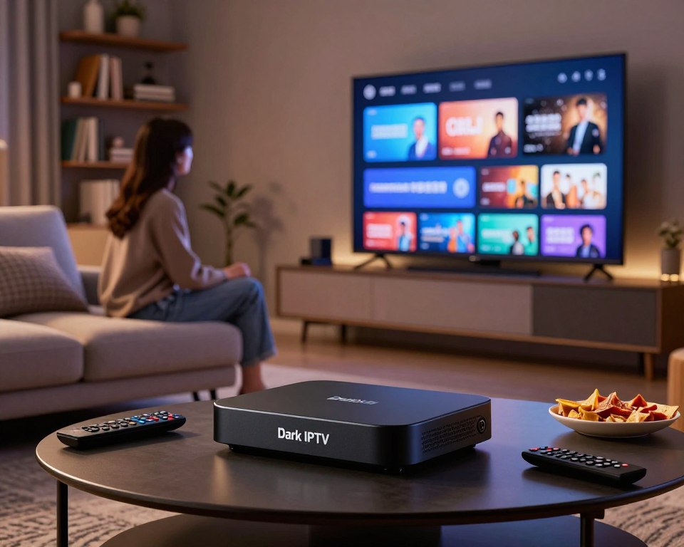 A futuristic living room setting, showcasing a modern television displaying various streaming options. In the foreground, a sleek black device labeled "Dark IPTV" sits prominently on a stylish coffee table, surrounded by remote controls and snacks. Soft, ambient lighting creates a cozy atmosphere, highlighting the device's sleek design. The middle section features a plush sofa with a person in casual clothing, focused intently on the screen, illustrating the enjoyment of this viewing experience. In the background, shelves filled with books and decor add a personal touch, while soft shadows give depth to the scene. The overall mood is inviting and tech-savvy, embodying the concept of next-generation television viewing.