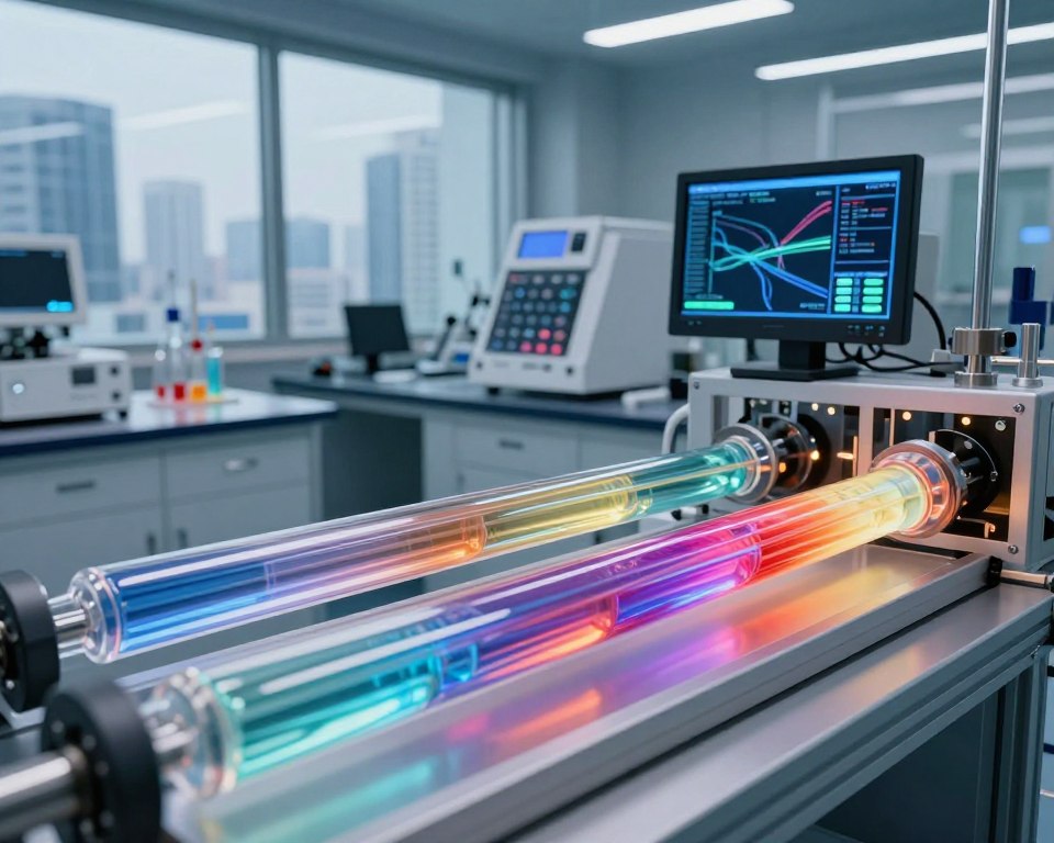 A futuristic scene depicting advanced fluid diffusion technology in action. In the foreground, sleek, transparent tubes transport vibrant streams of colorful liquid, demonstrating cutting-edge fluid dynamics. The middle ground features a modern laboratory setting with high-tech equipment, like digital displays showing data analytics and fluid flow simulations. Soft, ambient lighting enhances the atmosphere, creating a sense of innovation and efficiency. In the background, large glass windows reveal a city skyline, symbolizing connectivity and progress. The overall mood is inspiring and professional, suggesting stability and sophistication in technology. Capture this moment from a slightly elevated angle, focusing on the interplay of light and fluid movement, emphasizing clarity and precision in the design.