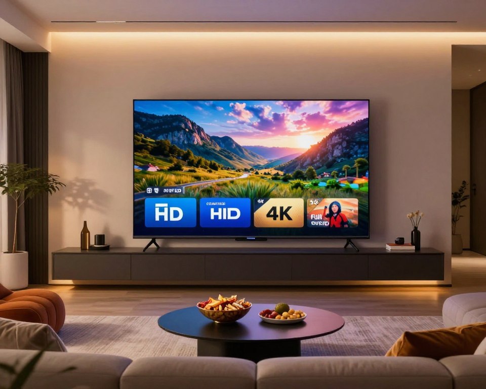 A high-resolution 4K streaming scene featuring a sleek modern living room with a large flat-screen TV displaying vibrant colors and sharp details. In the foreground, a comfortable sofa is adorned with stylish cushions, and a coffee table with snacks sits nearby. The middle section shows the TV screen showcasing a stunning landscape or action scene, illustrating the clarity of HD, Full HD, and 4K resolution. The background includes soft, ambient lighting that creates a cozy atmosphere, with warm tones reflecting off the walls. Use a wide-angle lens to capture the entire scene, ensuring a vivid and inviting mood that highlights the benefits of high-quality streaming. A high-resolution 4K streaming scene featuring a sleek modern living room with a large flat-screen TV displaying vibrant colors and sharp details. In the foreground, a comfortable sofa is adorned with stylish cushions, and a coffee table with snacks sits nearby. The middle section shows the TV screen showcasing a stunning landscape or action scene, illustrating the clarity of HD, Full HD, and 4K resolution. The background includes soft, ambient lighting that creates a cozy atmosphere, with warm tones reflecting off the walls. Use a wide-angle lens to capture the entire scene, ensuring a vivid and inviting mood that highlights the benefits of high-quality streaming.