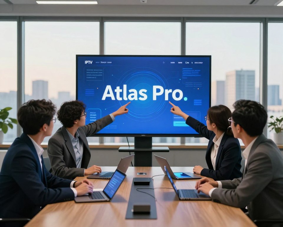 A modern and sleek office environment featuring a large digital screen displaying an illustrative representation of an IPTV service, symbolizing "Atlas Pro." In the foreground, a diverse group of three professionals dressed in smart business attire engages in a discussion, pointing at the screen. The middle ground includes a stylish conference table cluttered with devices like tablets and laptops, hinting at technology and innovation. The background showcases large windows with a cityscape view bathed in warm, natural light, creating an inviting atmosphere. Soft, diffused lighting enhances the professionalism of the setting, while a slight depth of field emphasizes the group in focus. The scene conveys a sense of collaboration and curiosity, aligning with the theme of providing answers to common queries.