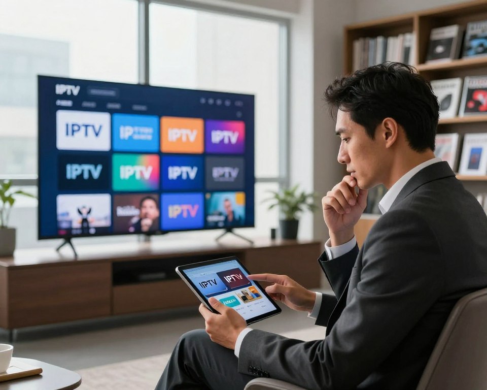 A modern and sleek office environment, illuminated by soft, natural light streaming through large windows, creating a warm and inviting atmosphere. In the foreground, a professional person in business attire is examining a tablet displaying various IPTV service options, their expression thoughtful and analytical. In the middle ground, a large screen showcases a variety of IPTV logos and channel selections, hinting at the diverse choices available. The background features a stylish bookshelf filled with tech magazines, symbolizing the latest in television technology. The entire scene reflects a sense of innovation and professionalism, emphasizing the importance of making informed choices when selecting an IPTV provider. The image is composed with a balanced perspective and is well-lit to enhance clarity and focus.