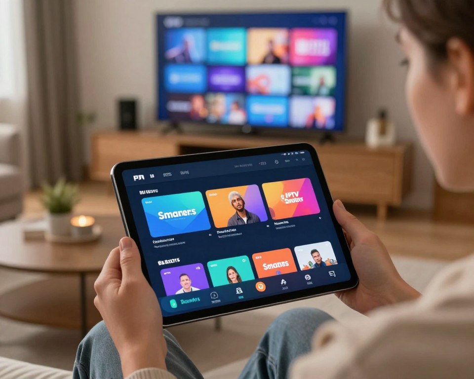 A modern and sleek user interface of the IPTV Smarters application displayed on a high-resolution tablet screen in the foreground. The tablet is held by a professional-looking person in smart casual attire, showcasing vibrant streaming content with colorful graphics and icons. In the middle, a blurred view of a cozy living room setting with a comfortable sofa and a large TV displaying various IPTV channels in the background, giving a warm and inviting atmosphere. Soft, diffused lighting illuminates the scene, creating a relaxed mood. The angle captures the tablet at a slight tilt, emphasizing the interface while maintaining focus on the user's engagement with the entertainment options. No captions or text overlays present. A modern and sleek user interface of the IPTV Smarters application displayed on a high-resolution tablet screen in the foreground. The tablet is held by a professional-looking person in smart casual attire, showcasing vibrant streaming content with colorful graphics and icons. In the middle, a blurred view of a cozy living room setting with a comfortable sofa and a large TV displaying various IPTV channels in the background, giving a warm and inviting atmosphere. Soft, diffused lighting illuminates the scene, creating a relaxed mood. The angle captures the tablet at a slight tilt, emphasizing the interface while maintaining focus on the user's engagement with the entertainment options. No captions or text overlays present.