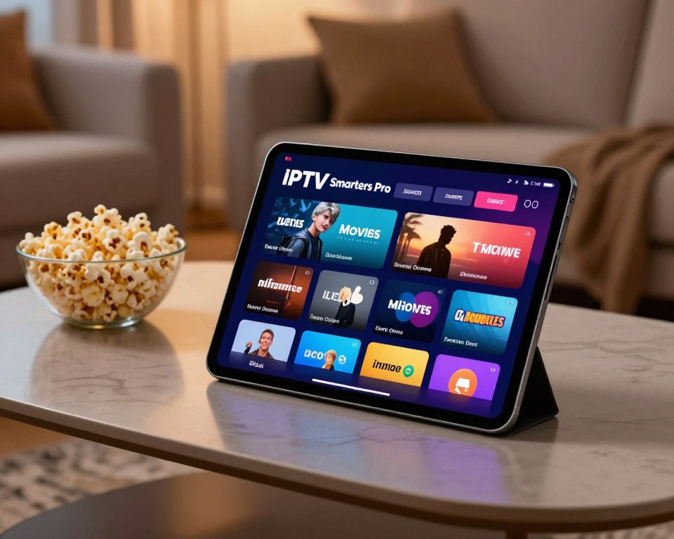 A modern digital interface showcasing the navigation of IPTV Smarters Pro on a sleek tablet. In the foreground, the tablet is prominently displayed, its screen vividly lit up with a user-friendly menu featuring different streaming categories such as Movies, TV Shows, and Live Channels. The middle ground includes an elegant coffee table with a stylish bowl of popcorn, suggesting a cozy viewing environment. In the background, a softly lit living room is visible, with a plush sofa and ambient lighting that creates a warm, inviting atmosphere. The image is shot from a slightly elevated angle, emphasizing the tablet and its colorful interface, evoking a sense of excitement and possibility for streaming. The overall mood is modern, vibrant, and tech-savvy, reflecting a perfect digital viewing experience.