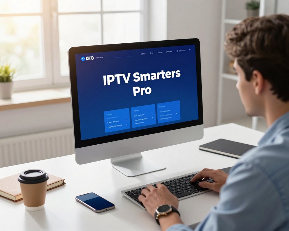 A modern digital workspace showcasing a sleek computer monitor displaying the IPTV Smarters interface, surrounded by high-tech gadgets. In the foreground, a professional businessperson in smart casual attire is focused on the screen, exuding a sense of determination and satisfaction. The middle ground features a stylish desk, with tools like a smartphone, notebook, and coffee cup, suggesting productivity. The background reveals a bright, airy room with large windows, allowing natural light to flood in, casting a warm glow. The atmosphere conveys innovation and efficiency, highlighting the advantages of choosing IPTV Smarters Pro for 2025. The overall color palette combines calming blues and whites to create an inviting and professional environment. The angle is slightly above eye level, offering an engaging perspective of the workspace.