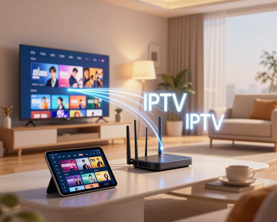 A modern, high-tech illustration showcasing the functioning of IPTV technology as a streamlined digital revolution. In the foreground, depict a sleek living room with a contemporary TV screen displaying vibrant streaming content, while a smart device or tablet shows the user interface for selecting channels. In the middle, incorporate a visual representation of the data flow, such as glowing lines or waves, symbolizing internet connectivity and digital broadcasting, alongside a router illustrating the backbone of IPTV service. The background should be a softly lit, stylish home environment, conveying comfort and modernity. Use a warm color palette to evoke a friendly and inviting atmosphere, with soft lighting that highlights the technology without overwhelming the scene. The angle should create depth, focusing on the IPTV technology while blending it seamlessly with the living space. A modern, high-tech illustration showcasing the functioning of IPTV technology as a streamlined digital revolution. In the foreground, depict a sleek living room with a contemporary TV screen displaying vibrant streaming content, while a smart device or tablet shows the user interface for selecting channels. In the middle, incorporate a visual representation of the data flow, such as glowing lines or waves, symbolizing internet connectivity and digital broadcasting, alongside a router illustrating the backbone of IPTV service. The background should be a softly lit, stylish home environment, conveying comfort and modernity. Use a warm color palette to evoke a friendly and inviting atmosphere, with soft lighting that highlights the technology without overwhelming the scene. The angle should create depth, focusing on the IPTV technology while blending it seamlessly with the living space.