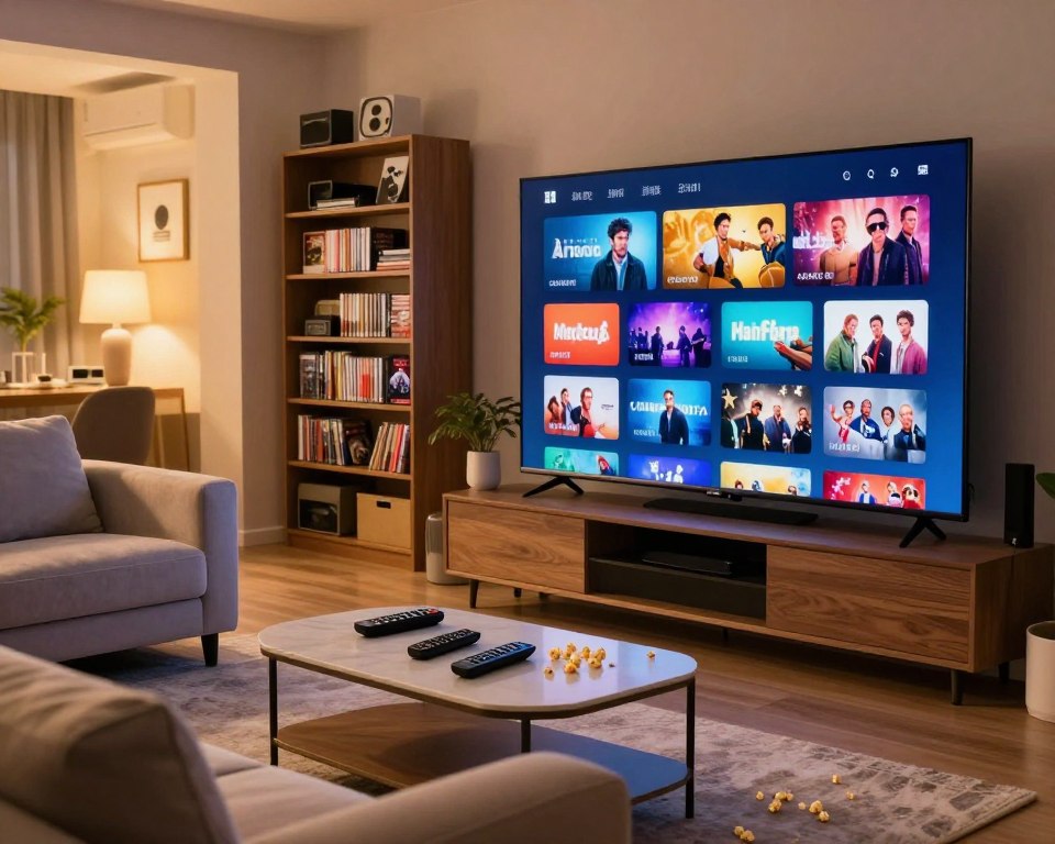 A modern home entertainment setup featuring a large, sleek flat-screen TV displaying a vibrant streaming interface with various film and series icons. In the foreground, a cozy living room with a plush sofa and stylish coffee table, with remote controls and popcorn scattered about. The middle ground includes a bookshelf filled with DVDs and collectibles, emphasizing the evolution of multimedia entertainment. The background shows a softly lit room with warm ambient lighting, creating an inviting atmosphere. Use a wide-angle lens to capture the scene from a slightly elevated perspective, ensuring a sense of openness, comfort, and excitement for on-demand viewing experiences. The overall mood should be relaxed yet dynamic, inspiring a sense of endless entertainment possibilities. A modern home entertainment setup featuring a large, sleek flat-screen TV displaying a vibrant streaming interface with various film and series icons. In the foreground, a cozy living room with a plush sofa and stylish coffee table, with remote controls and popcorn scattered about. The middle ground includes a bookshelf filled with DVDs and collectibles, emphasizing the evolution of multimedia entertainment. The background shows a softly lit room with warm ambient lighting, creating an inviting atmosphere. Use a wide-angle lens to capture the scene from a slightly elevated perspective, ensuring a sense of openness, comfort, and excitement for on-demand viewing experiences. The overall mood should be relaxed yet dynamic, inspiring a sense of endless entertainment possibilities.