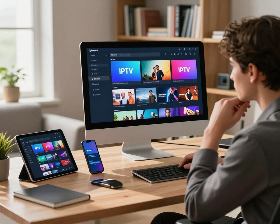 A modern home office scene showcasing a sleek desktop computer displaying a colorful IPTV streaming interface on the screen. In the foreground, a person dressed in professional business attire sits thoughtfully at the desk, evaluating the IPTV options with a focused expression. The middle layer features an array of digital devices, including a tablet and smartphone, hinting at extensive media access. The background consists of a cozy room with soft lighting, and a bookshelf filled with technology-related books, adding an intellectual atmosphere. Natural light streams in from a window, creating a warm and inviting mood. The image captures the importance of thorough IPTV testing before making a subscription decision, emphasizing the concept of quality and choice in digital entertainment.
