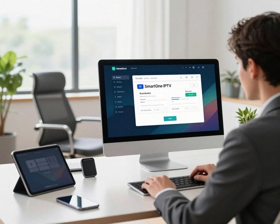 A modern home office setting, featuring a sleek desk with a computer displaying the SmartOne IPTV activation application interface on the screen. In the foreground, an individual in professional business attire is interacting with the application, looking focused and engaged. The middle ground includes a stylish, contemporary chair and various tech gadgets, like a tablet and smartphone, hinting at a digital lifestyle. A large window in the background lets in bright, natural light, creating an inviting atmosphere. Green plants add a touch of freshness to the scene. The overall mood is professional and efficient, evoking a sense of modernity and convenience in online television. The lighting is soft but bright, emphasizing the clarity of the screen interface without distractions.