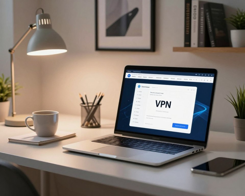 A modern home office setting showcasing a sleek laptop on a stylish desk, with a high-quality VPN software interface displayed on the screen, emphasizing digital security and content access. In the foreground, soft light from a desk lamp creates a warm and inviting atmosphere, casting subtle shadows. The middle-ground features a well-organized workspace with a coffee cup, notepad, and a potted plant, enhancing the professional vibe. In the background, a framed artwork and books on shelves add character, signifying knowledge and technology. The overall mood is focused and productive, capturing the essence of using a VPN for streaming IPTV content legally and safely. The image should emphasize a clear, action-oriented environment without any characters present.