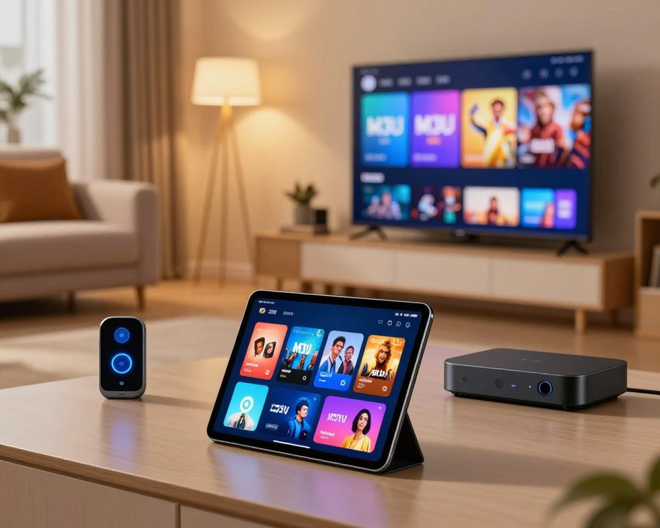 A modern home setting showcasing various smart devices in use, such as a tablet, smart TV, and streaming box displaying M3U playlist options. In the foreground, a clean, sleek tablet screen shows colorful icons representing different IPTV channels. In the middle ground, a stylish smart TV displays scrolling M3U links in vibrant colors, with a cozy sofa visible nearby. The background features soft, warm lighting illuminating the space, suggesting a relaxed evening with friends. The camera angle is slightly low, capturing the devices at eye level for an immersive perspective. Create an inviting atmosphere that highlights the ease of using M3U playlists on various devices.
