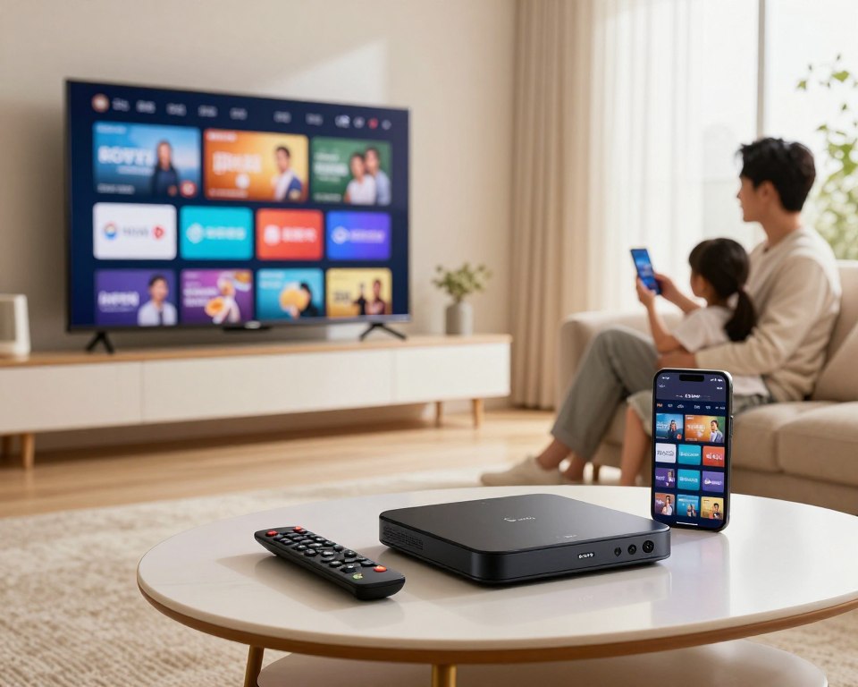 A modern living room featuring a large Smart TV displaying various IPTV apps and a smartphone showing the same content. In the foreground, a stylish coffee table with a remote control and a sleek IPTV box. The middle ground showcases a comfortable sofa, with a family member dressed in professional casual attire, enjoying the content on the TV and smartphone. In the background, large windows let in warm natural light, creating a cozy atmosphere. Soft, pleasant colors enhance the inviting feeling of the space, while a slight depth of field focuses on the devices, blurring the background gently. The composition exudes a sense of connectivity and convenience, emphasizing compatibility across various modern devices. A modern living room featuring a large Smart TV displaying various IPTV apps and a smartphone showing the same content. In the foreground, a stylish coffee table with a remote control and a sleek IPTV box. The middle ground showcases a comfortable sofa, with a family member dressed in professional casual attire, enjoying the content on the TV and smartphone. In the background, large windows let in warm natural light, creating a cozy atmosphere. Soft, pleasant colors enhance the inviting feeling of the space, while a slight depth of field focuses on the devices, blurring the background gently. The composition exudes a sense of connectivity and convenience, emphasizing compatibility across various modern devices.