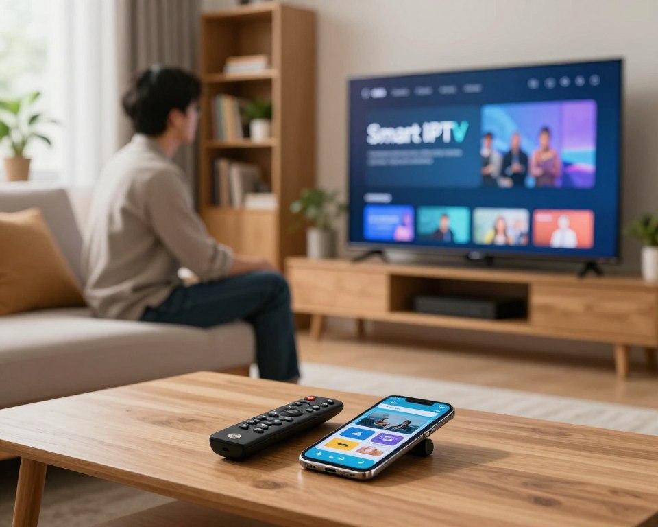 A modern living room featuring a large flat-screen TV displaying the Smart IPTV installation interface. In the foreground, a light wooden coffee table holds a tech-savvy remote control and an open smartphone with the Smart IPTV app visible on the screen. In the middle, a stylish couch with plush cushions invites viewers in, while a well-dressed person, wearing casual yet professional attire, is seated, attentively following the installation steps on the TV. The background showcases a softly lit bookshelf and indoor plants, creating a cozy and inviting atmosphere. Natural light filters through a window, enhancing the warm colors of the room. The overall mood is focused and informative, perfect for illustrating a guide.