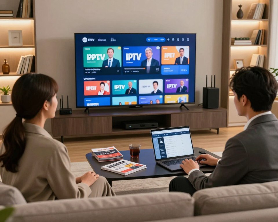 A modern living room featuring a sleek television displaying various IPTV interfaces, surrounded by technology elements representing internet connectivity, such as routers and streaming devices. In the foreground, a couple in professional attire sits on a comfortable sofa, engaging in conversation while considering their subscription options. The middle ground shows a coffee table with a variety of subscription brochures and a laptop open to a comparison website. The background includes shelves filled with books and decorative items, softly illuminated by warm ambient lighting that creates a cozy atmosphere. The scene conveys a sense of informed decision-making and the balance of technology in everyday life. The image should be captured with a slight angle for depth, using natural light to enhance clarity and detail.
