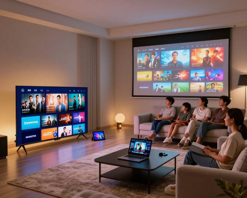 A modern living room featuring multiple screens displaying various streaming content, such as movies, TV shows, and sports events, emphasizing compatibility with all devices. In the foreground, a sleek, flat-screen TV and a tablet are shown side by side, while a laptop is on a stylish coffee table. The middle ground exhibits a comfortable sofa with a family gathered, engaged in watching content together, dressed in casual, modest clothing. In the background, a wall-mounted projection screen displays vibrant imagery. Soft, ambient lighting creates a warm and inviting atmosphere, enhancing the sense of connection and enjoyment in the viewing experience. The wide-angle lens captures the room's layout with an inviting, cozy mood, showcasing the variety of devices seamlessly integrated for entertainment. A modern living room featuring multiple screens displaying various streaming content, such as movies, TV shows, and sports events, emphasizing compatibility with all devices. In the foreground, a sleek, flat-screen TV and a tablet are shown side by side, while a laptop is on a stylish coffee table. The middle ground exhibits a comfortable sofa with a family gathered, engaged in watching content together, dressed in casual, modest clothing. In the background, a wall-mounted projection screen displays vibrant imagery. Soft, ambient lighting creates a warm and inviting atmosphere, enhancing the sense of connection and enjoyment in the viewing experience. The wide-angle lens captures the room's layout with an inviting, cozy mood, showcasing the variety of devices seamlessly integrated for entertainment.