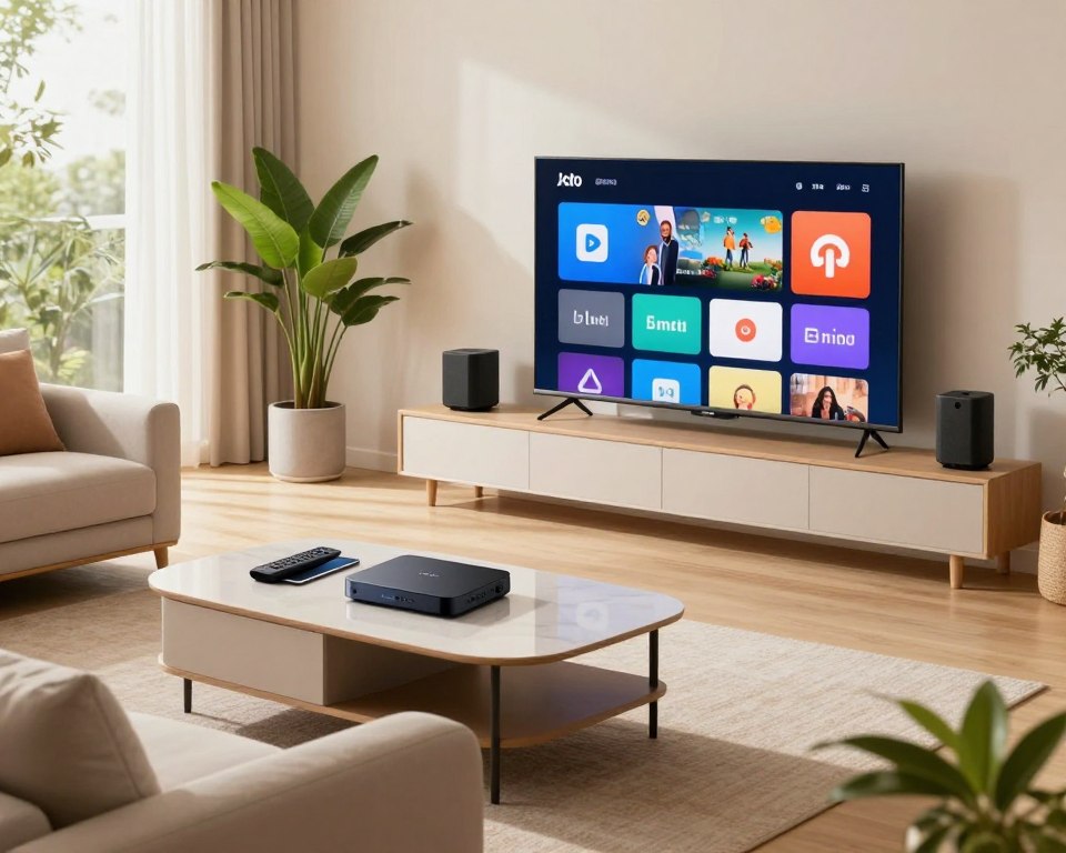 A modern living room featuring various compatible devices for connected TV, including a flat-screen television, a sleek streaming box, and smart speakers. In the foreground, focus on a comfortable sofa with a stylish coffee table displaying a remote control and a tablet. The middle ground highlights the television, elegantly mounted on a wall, showcasing streaming service icons. In the background, soft natural light filters through large windows, creating a warm and inviting atmosphere. The room is decorated with minimalistic furniture and lush indoor plants, adding a touch of greenery. Capture this scene with a wide-angle lens to emphasize space and a professional, vibrant color palette to convey a high-tech yet cozy mood.