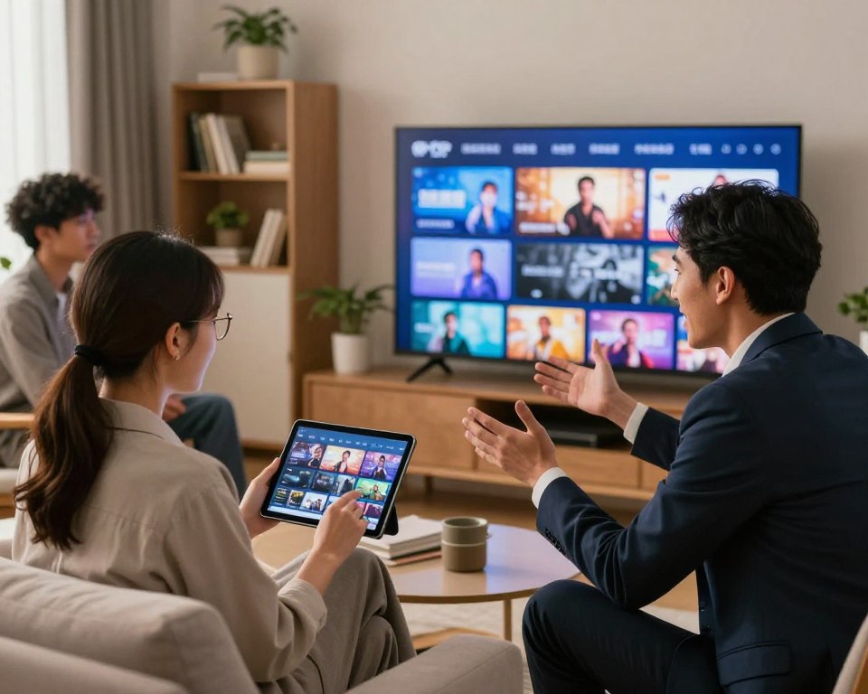 A modern living room scene featuring a diverse group of three individuals enjoying IPTV on a large flat-screen television. In the foreground, a young woman with glasses is using a tablet to browse shows, dressed in business casual attire. A man beside her, wearing a sleek suit, gestures excitedly while explaining options, indicating flexibility and choice. In the background, soft lighting illuminates the room, creating a warm and inviting atmosphere, with shelves filled with books and decorative plants. The focus is on the TV screen displaying a dynamic selection of programs, symbolizing economic advantages and flexibility of subscription services. The angle is slightly elevated to capture the cozy environment, emphasizing interaction and engagement among the viewers. A modern living room scene featuring a diverse group of three individuals enjoying IPTV on a large flat-screen television. In the foreground, a young woman with glasses is using a tablet to browse shows, dressed in business casual attire. A man beside her, wearing a sleek suit, gestures excitedly while explaining options, indicating flexibility and choice. In the background, soft lighting illuminates the room, creating a warm and inviting atmosphere, with shelves filled with books and decorative plants. The focus is on the TV screen displaying a dynamic selection of programs, symbolizing economic advantages and flexibility of subscription services. The angle is slightly elevated to capture the cozy environment, emphasizing interaction and engagement among the viewers.