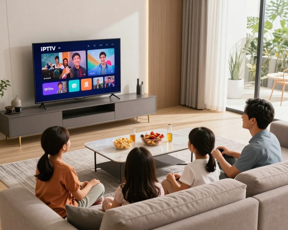 A modern living room scene featuring a family gathered around a sleek, flat-screen TV displaying dynamic IPTV content. In the foreground, a joyful family of four sits comfortably on a stylish sofa, dressed in casual but presentable attire. The middle layer includes a stylish coffee table adorned with snacks and drinks, while colorful IPTV branding subtly permeates the décor. The background showcases a contemporary, well-lit interior with soft natural light streaming through large windows, casting a warm glow. The mood is inviting and cheerful, suggesting a communal enjoyment of premium television entertainment that caters to diverse preferences and needs. Capture this scene from a slightly elevated angle to highlight the family interaction and the IPTV experience.