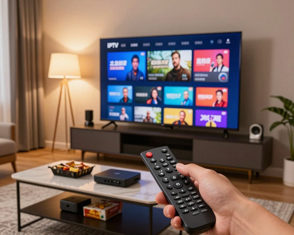 A modern living room scene featuring a sleek, flat-screen television displaying an IPTV interface filled with colorful streaming options. In the foreground, a hand holding a remote control points toward the screen, symbolizing ease of access to content. The middle ground showcases a stylish coffee table cluttered with popular streaming devices and snacks, suggesting a cozy viewing experience. The background features warm lighting emanating from a table lamp, creating an inviting atmosphere for watching television. The room is well-furnished with chic decor, emphasizing relaxation and enjoyment. Capture the vibrant colors of the IPTV menu and the sense of excitement that comes with exploring a wide range of channels. The angle should be slightly elevated to encompass the entire scene, evoking a welcoming mood.