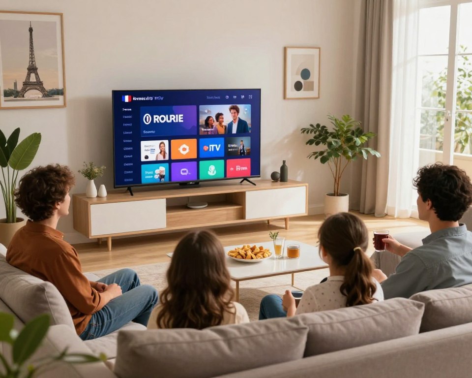 A modern living room scene featuring a stylish flat-screen TV displaying a vibrant streaming interface for legal IPTV services in France. In the foreground, a cozy couch with a family gathered together, all dressed in smart casual attire, enjoying the content. The middle ground showcases a sleek coffee table with snacks and drinks, softly illuminated by warm light. The background reveals a cozy wall with French decor elements, such as an Eiffel Tower painting and plants, creating an inviting atmosphere. The scene is brightly lit with natural light coming from a window, highlighting a welcoming and relaxed ambiance. The overall mood is friendly and engaging, embodying a sense of shared entertainment and comfort in a legal IPTV context. A modern living room scene featuring a stylish flat-screen TV displaying a vibrant streaming interface for legal IPTV services in France. In the foreground, a cozy couch with a family gathered together, all dressed in smart casual attire, enjoying the content. The middle ground showcases a sleek coffee table with snacks and drinks, softly illuminated by warm light. The background reveals a cozy wall with French decor elements, such as an Eiffel Tower painting and plants, creating an inviting atmosphere. The scene is brightly lit with natural light coming from a window, highlighting a welcoming and relaxed ambiance. The overall mood is friendly and engaging, embodying a sense of shared entertainment and comfort in a legal IPTV context.