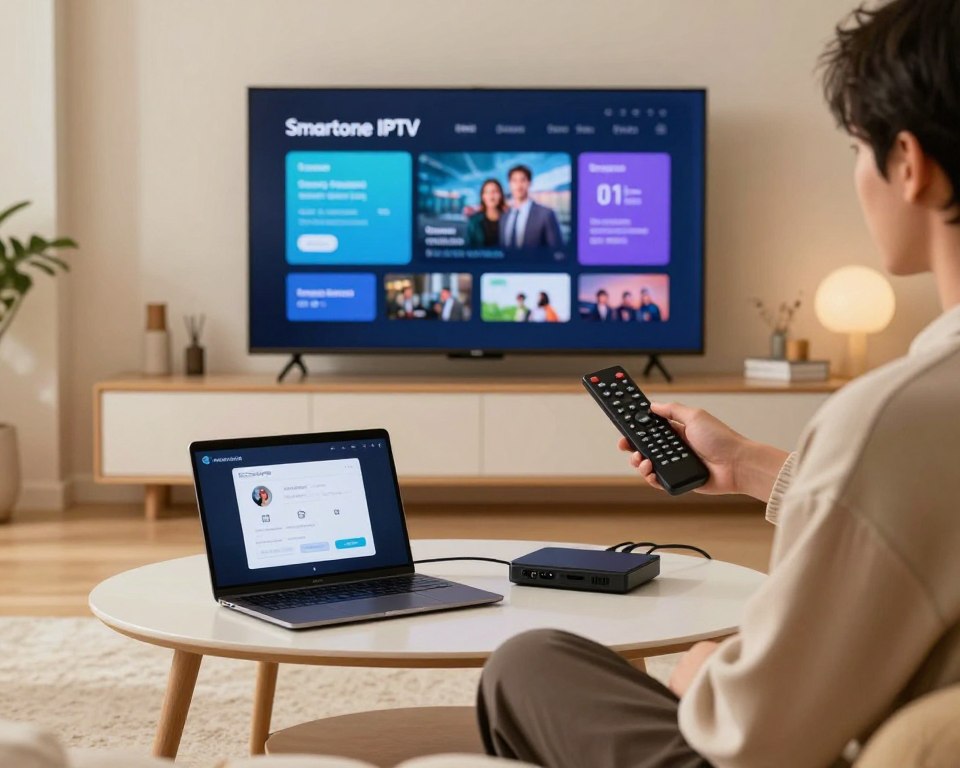 A modern living room scene showcasing a sleek flat-screen TV mounted on the wall, displaying the interface of the Smartone IPTV installation guide. In the foreground, a person dressed in smart casual attire is attentively holding a remote control, looking focused on the TV. The middle ground features a stylish coffee table with a laptop open, displaying the installation steps beside a few IPTV setup devices like a set-top box and cables. The background is softly lit, highlighting a cozy atmosphere with warm tones and minimalistic decor. The overall mood conveys clarity and focus, creating an inviting space for technology installation. Use soft, natural lighting to enhance visibility and create a welcoming ambiance.