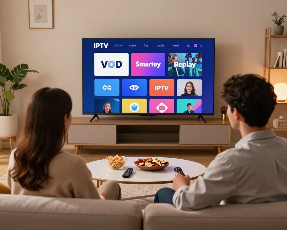 A modern living room scene showcasing a sleek smart TV displaying the vibrant interface of IPTV Smarters Pro. In the foreground, a young professional couple, dressed in smart casual attire, are sitting on a stylish couch, engaged and mesmerized by the streaming options displayed on the screen. In the middle, a coffee table is adorned with snacks and a remote control, reinforcing the cozy home entertainment atmosphere. The background features soft ambient lighting, creating a warm and inviting mood, with decorative elements like plants and bookshelves. The angle captures the excitement of streaming with a clear focus on the TV interface, emphasizing user-friendly features like "VOD" and "Replay" options. The image should reflect a sense of innovation and connection through entertainment.