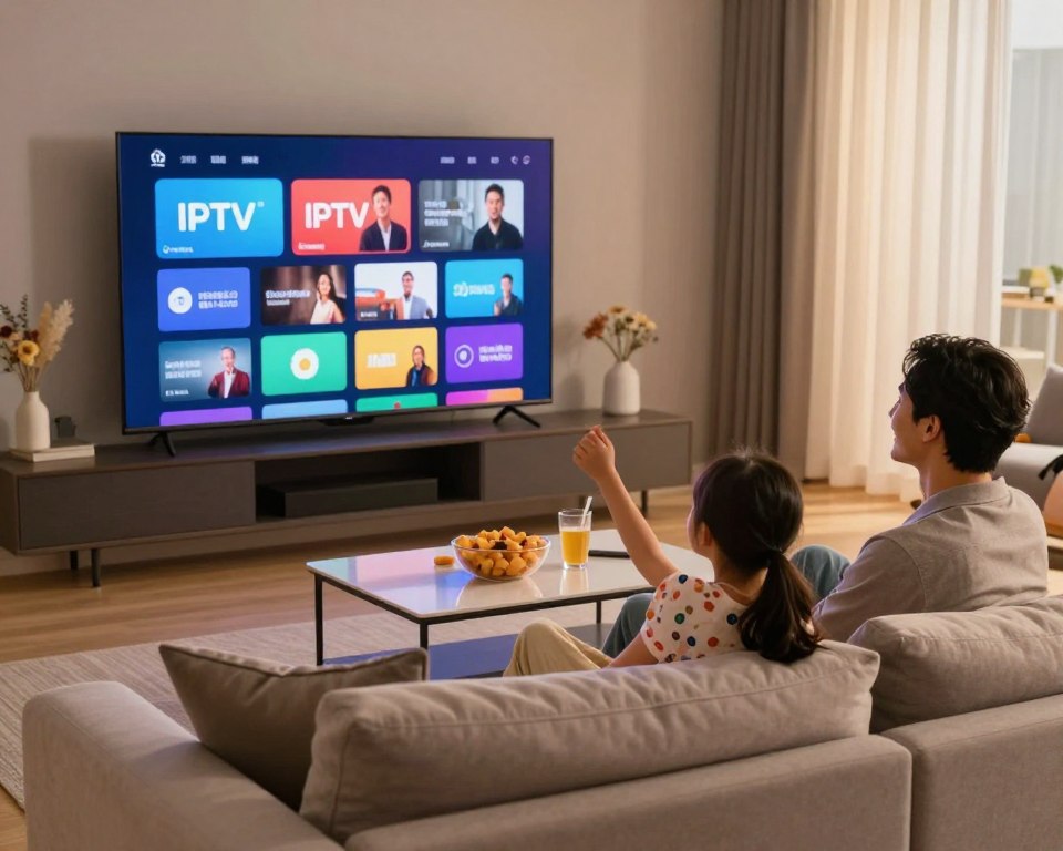 A modern living room scene showcasing the benefits of IPTV entertainment. In the foreground, a comfortable couch adorned with soft pillows, where a family of three (parents dressed in smart casual attire and a child in a playful outfit) is gathered, joyfully watching a large, vibrant television screen displaying a variety of colorful streaming icons. In the middle ground, a sleek coffee table holds snacks and drinks, adding to the relaxed atmosphere. The background features a warm, ambient light filtering through sheer curtains, creating an inviting mood. Use a wide-angle lens to capture the entire atmosphere, ensuring the focus is on the family’s engagement with their entertainment options, portraying happiness and the freedom of choice provided by IPTV services.