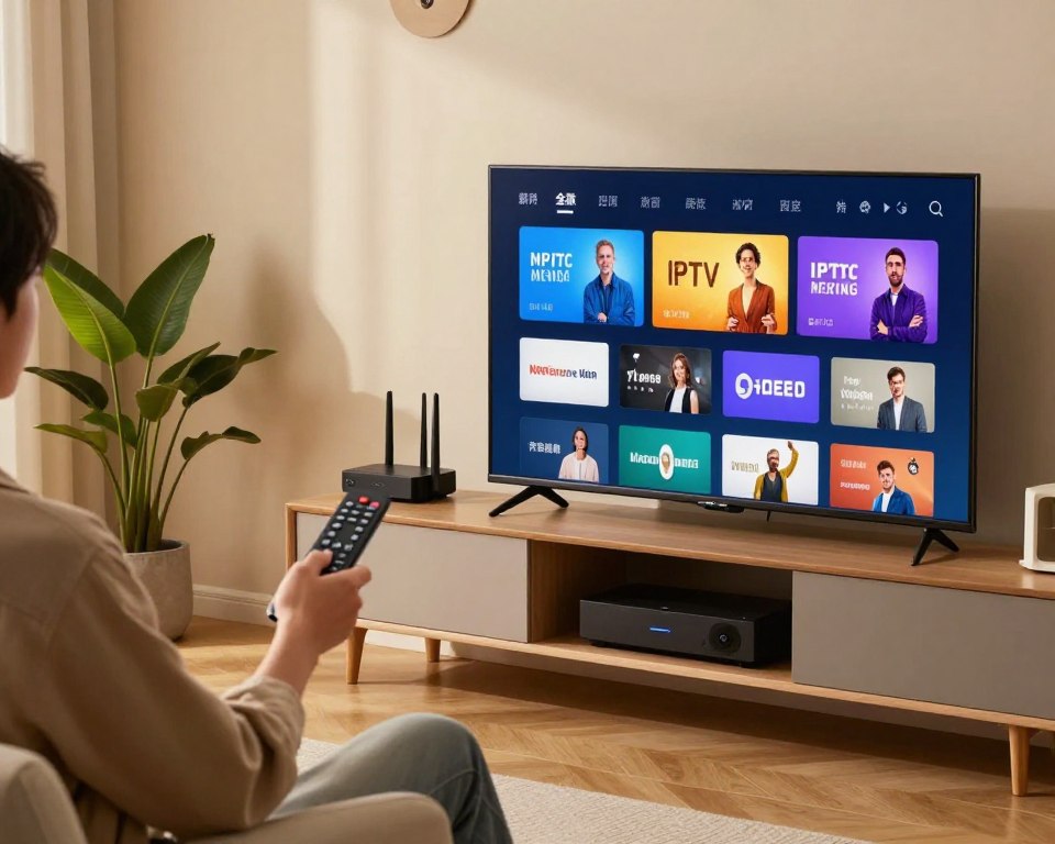 A modern living room scene showcasing the functionality of IPTV technology. In the foreground, a sleek smart TV displays a colorful IPTV interface with various streaming options. To the left, a person in smart casual attire is holding a remote control, focused on the screen, demonstrating engagement with the technology. In the middle ground, a stylish media console houses streaming devices and a Wi-Fi router, symbolizing connectivity. Soft, warm lighting creates a cozy atmosphere, while a potted plant adds a touch of nature. The background features a minimalistic wall with decorative elements, enhancing the modern feel. The image should have a balanced composition, capturing the essence of contemporary entertainment technology in a comfortable home setting.